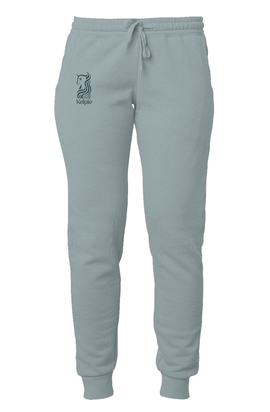 Womens Paddle Board Sweatpants in a Sage color with a blue kelpie vertical logo.