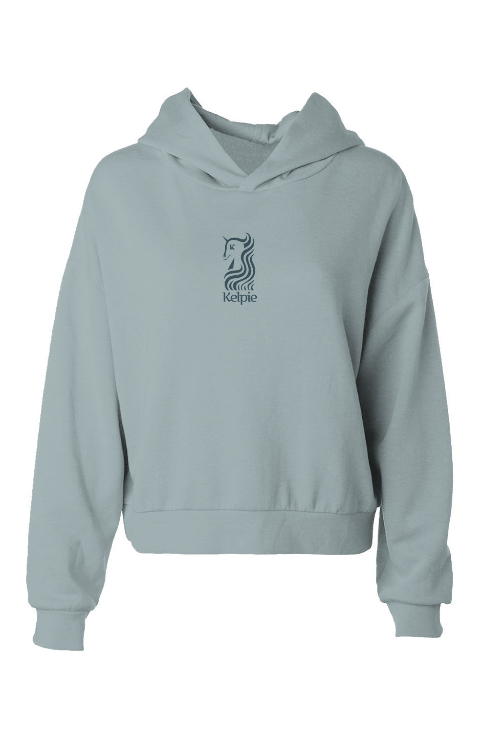 Women's paddle board hoodie in sage with a blue kelpie logo.