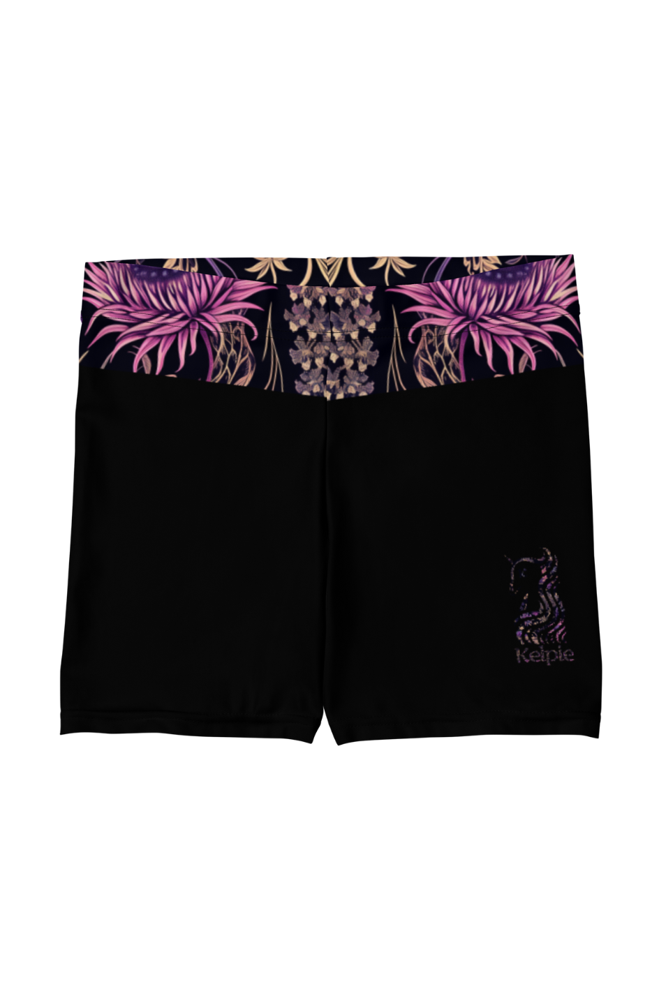 Black Women's Paddle Board Shorts with a thistle patterned waist band.