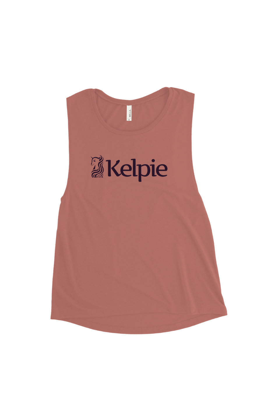 Women's muscle tank top in Mauve with a purple Kelpie logo.