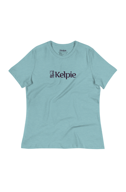 Light blue women's relaxed fit tee with a purple Kelpie logo.