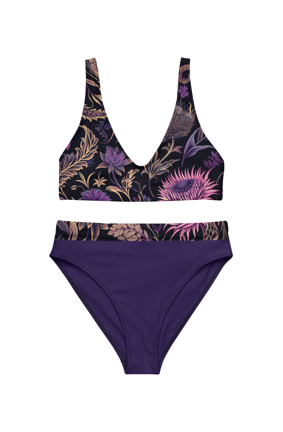 Bikini with a Thistle patterned top and a purple bottom with a thistle pattern around the waist band.