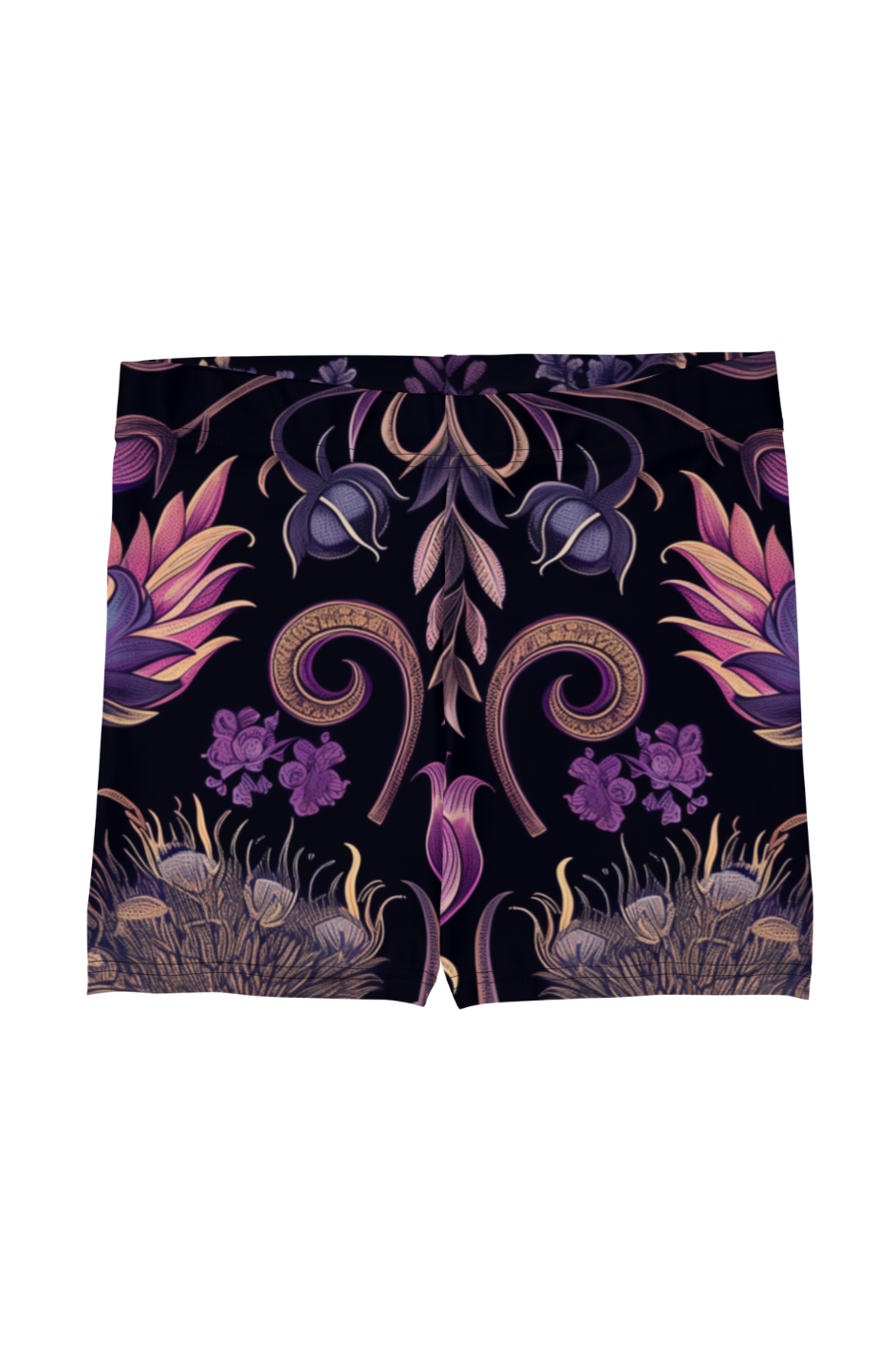 Black Women's Paddle Board Shorts with a thistle pattern.