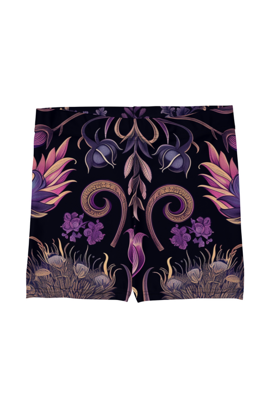 Black Women's Paddle Board Shorts with a thistle pattern.