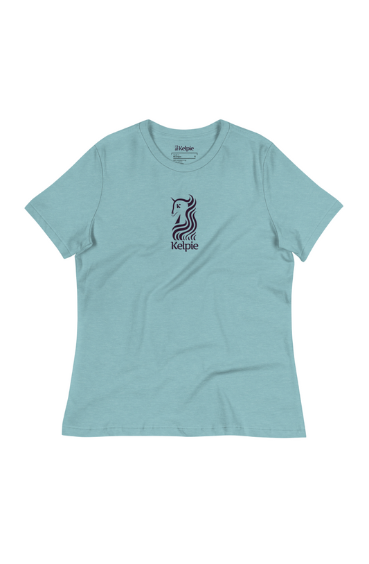 Light blue women's relaxed fit tee with a vertical purple Kelpie logo.