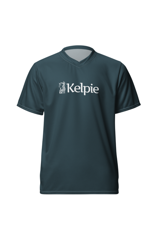 Kelpie Stand Up Paddle Board water shirt in blue with a white Kelpie logo.