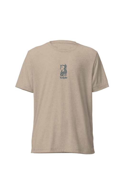 Tan soft paddle board tee shirt with a blue Kelpie logo on the chest.