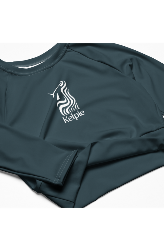 Kelpie blue long sleeve crop-top rash guard.