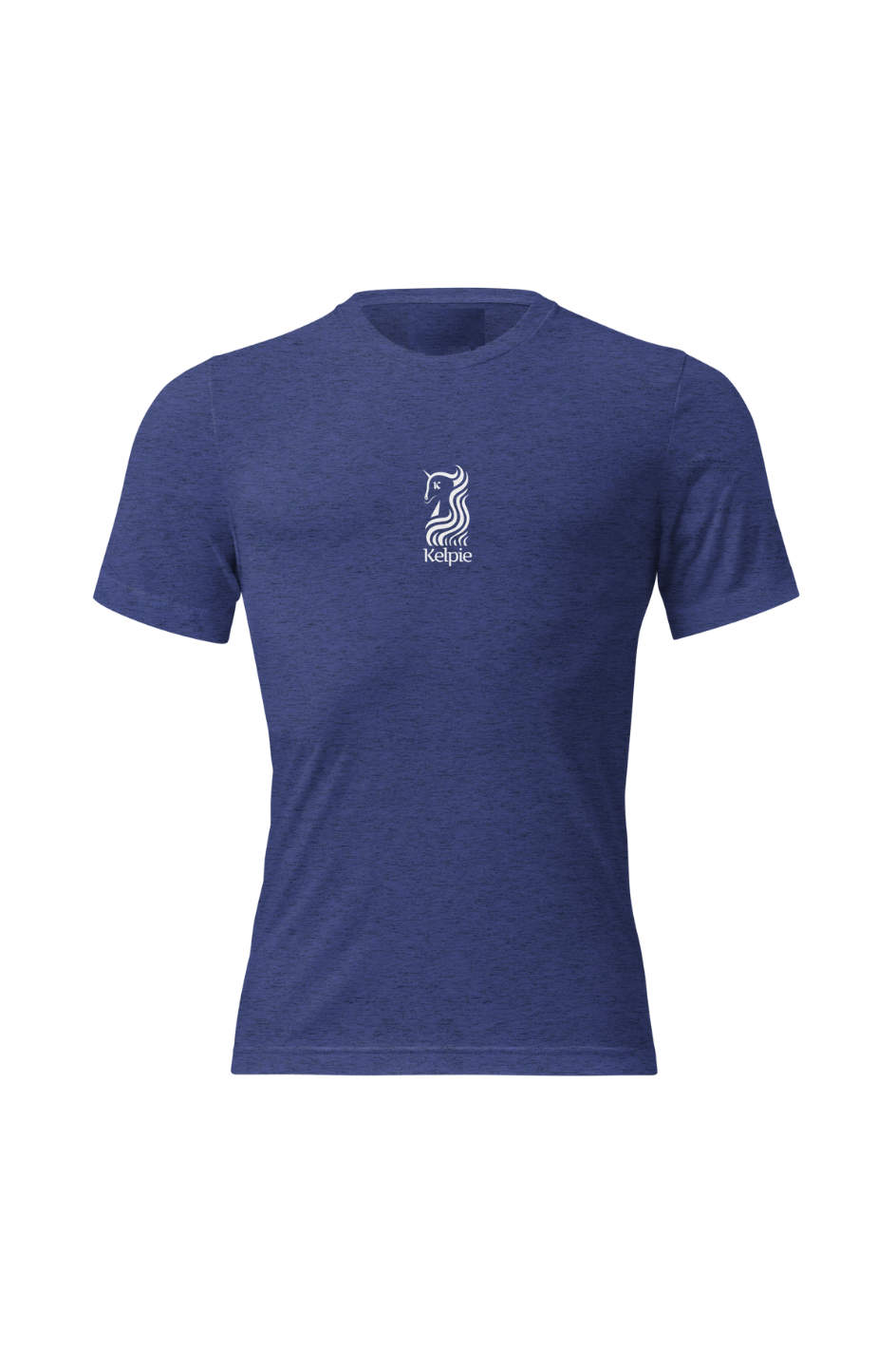 Navy soft paddle board tee shirt with a white Kelpie logo on the chest.