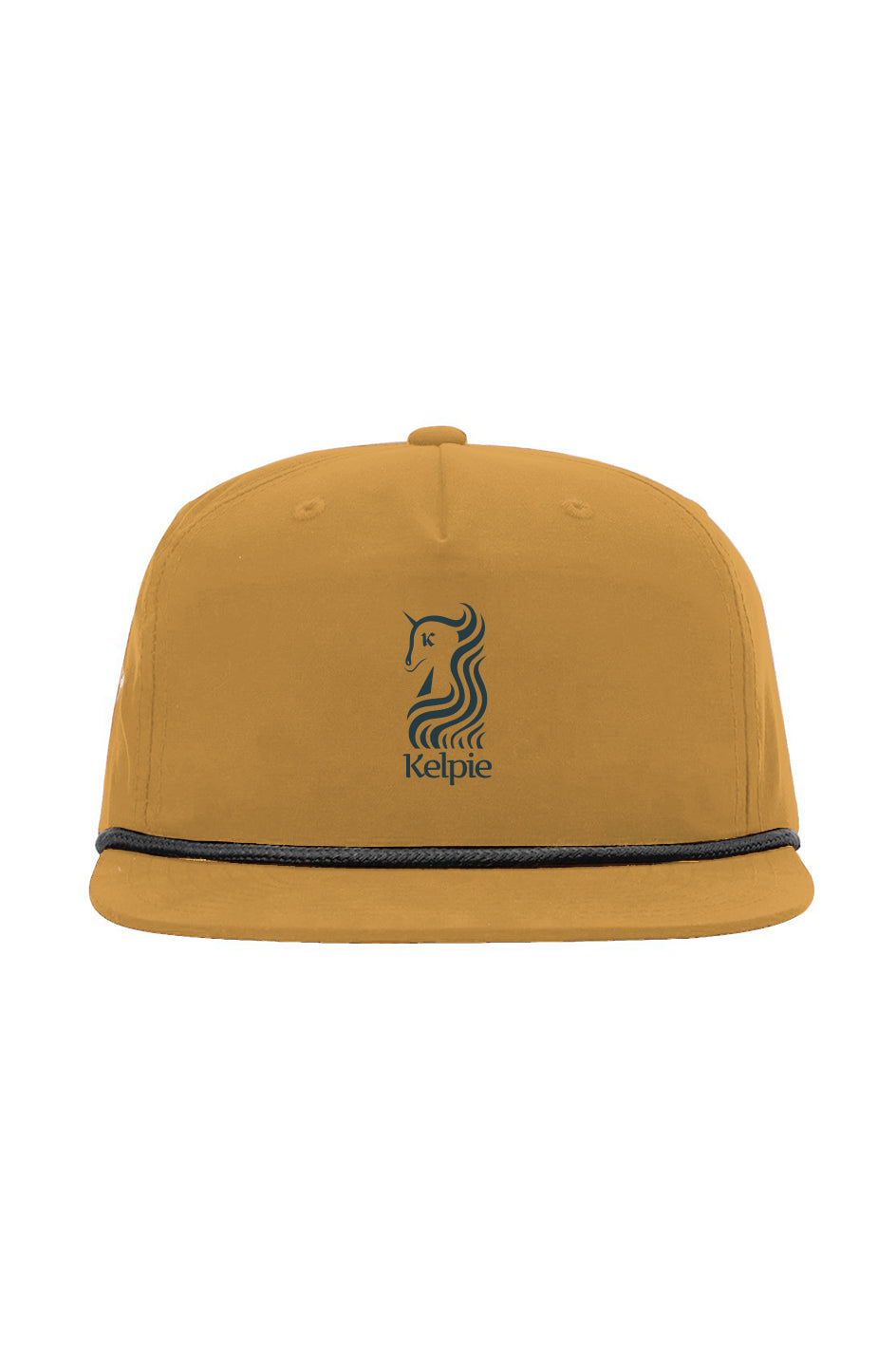 Brown Snapback Paddle Board Cap with a black rope and a blue Kelpie logo.