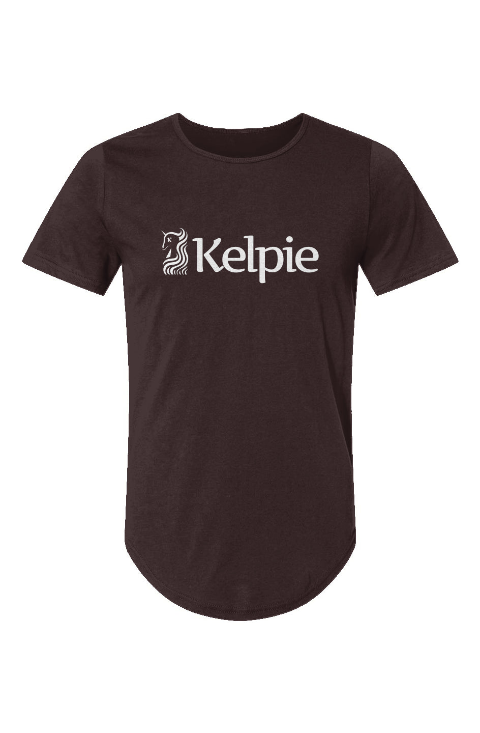 Paddle Board Tee Shirt with a curved hem. Oxblood Color with a White Kelpie logo.