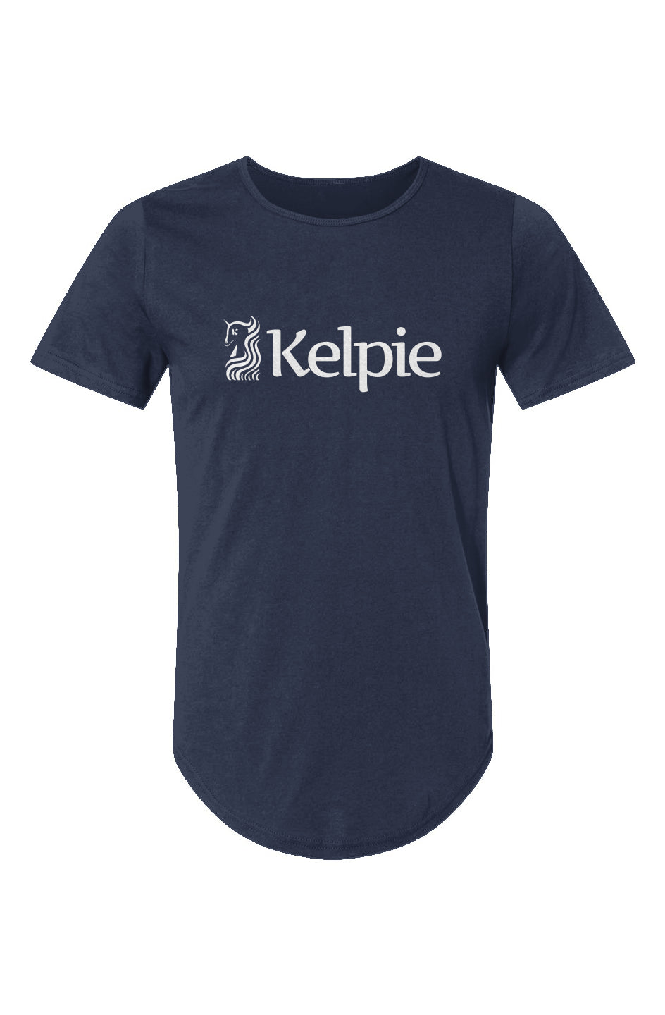 Paddle Board Tee Shirt with a curved hem. Navy Color with a White Kelpie logo.