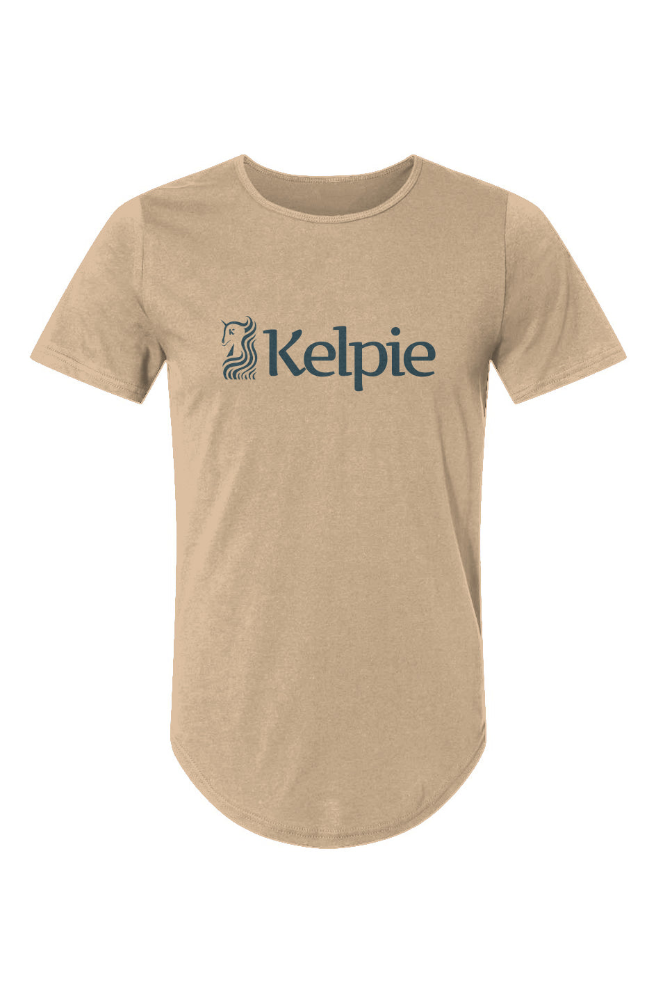 Paddle Board Tee Shirt with a curved hem. Sand Color with a blue Kelpie logo.