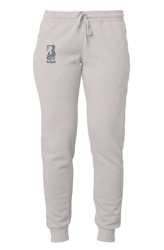 Womens Paddle Board Sweatpants in a bone color with a blue kelpie vertical logo.