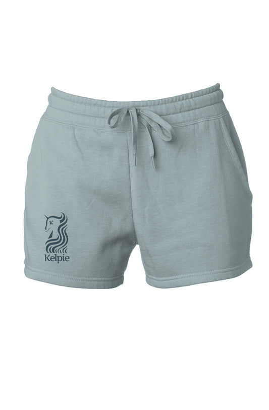 Kelpie Paddle Board Short. Sage color with vertical blue Kelpie logo.