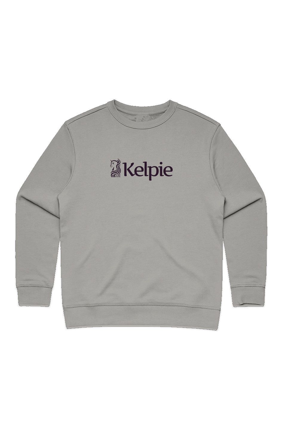 Kelpie Women's Crew Neck Sweatshirt in a Storm Grey color with a purple kelpie logo.