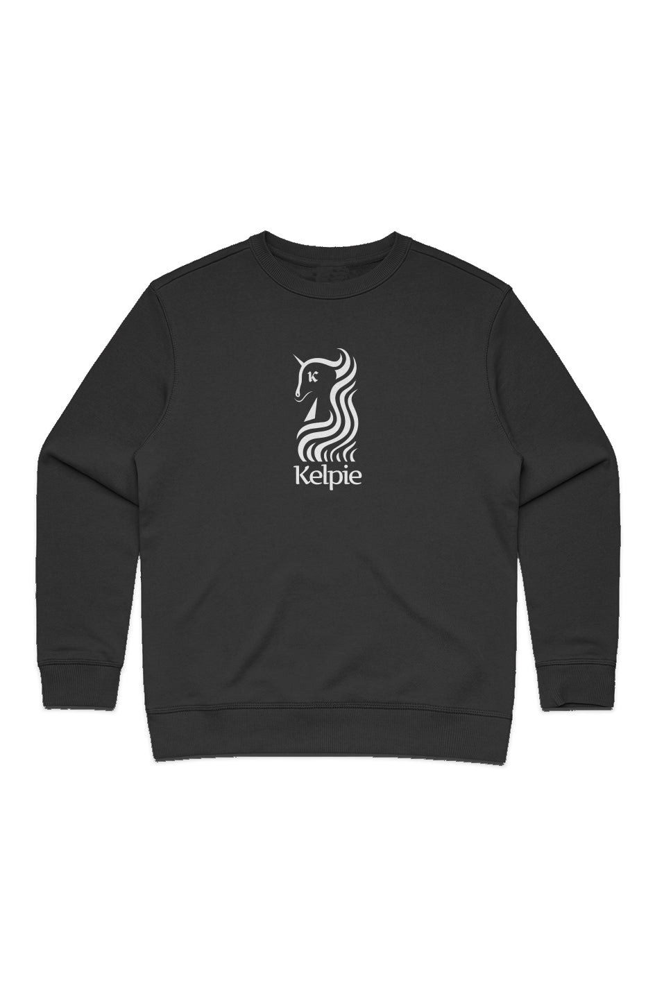 Womens Premium Crew Sweater in Black with a white Kelpie Logo.