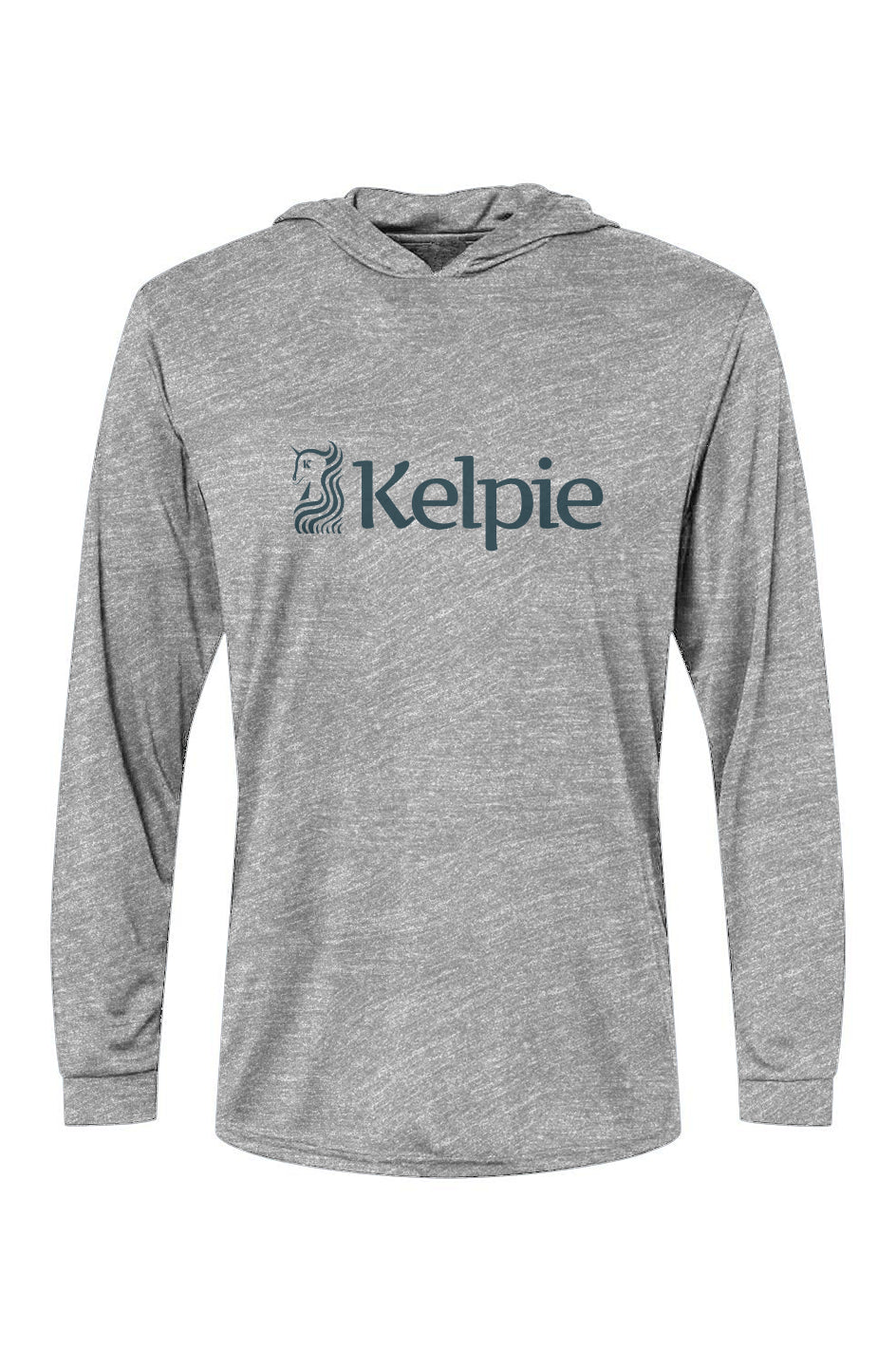 Paddle Board Sun Hoodie in Heather Grey with a Blue Kelpie Logo.