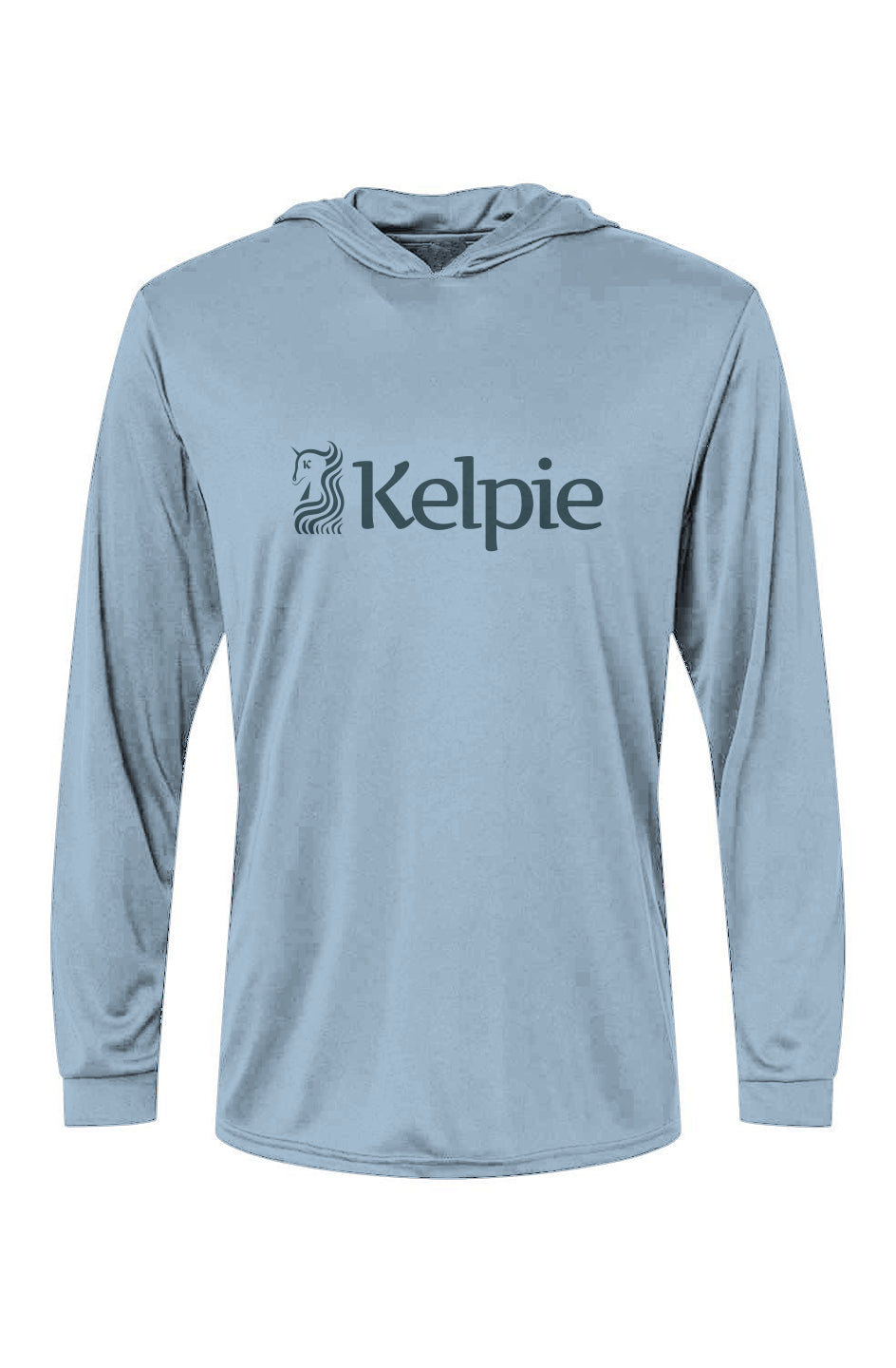 Paddle Board Sun Hoodie in Light Blue with a Blue Kelpie Logo.