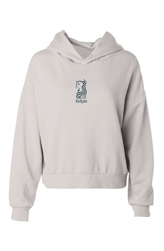 Women's paddle board hoodie in bone white with a blue kelpie logo.