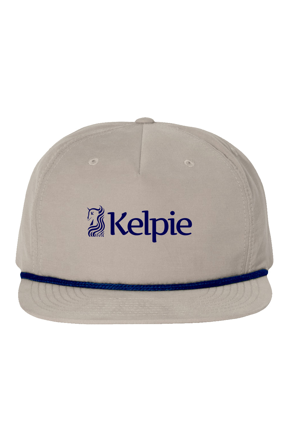 Khaki Five Panel Cap with a Navy Cord on the bring and a navy Kelpie logo.