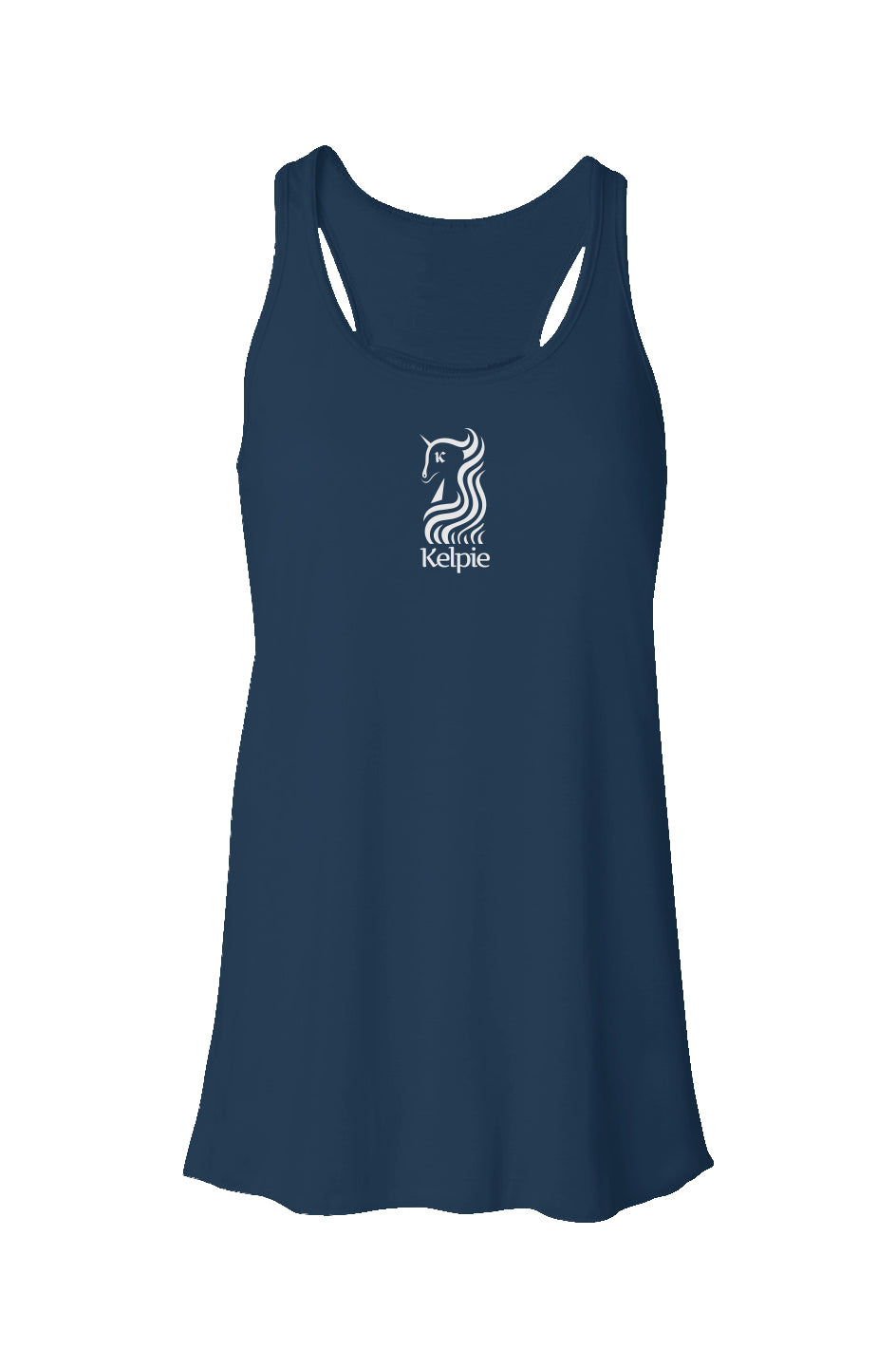 Blue Flowy Racerback Tank with a white Kelpie logo.