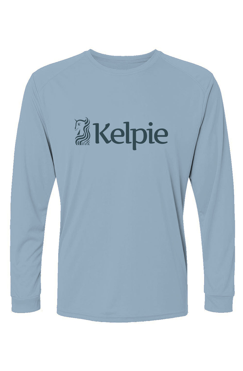 Mist Blue Paddle Board Rash Guard with Kelpie logo across the chest.