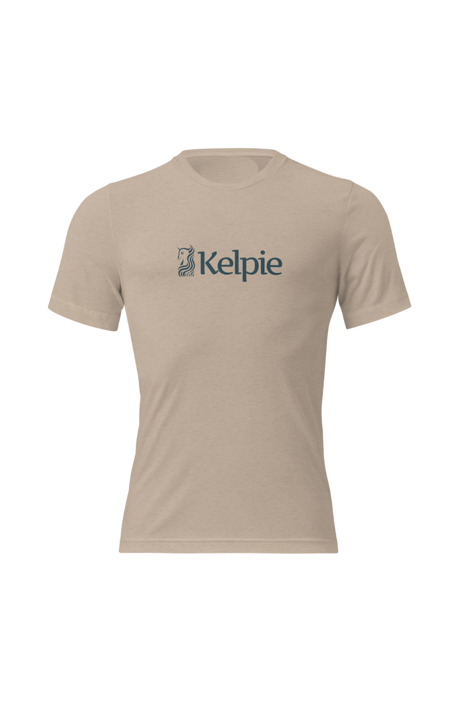 Tan soft paddle board tee shirt with a blue Kelpie logo across the chest.