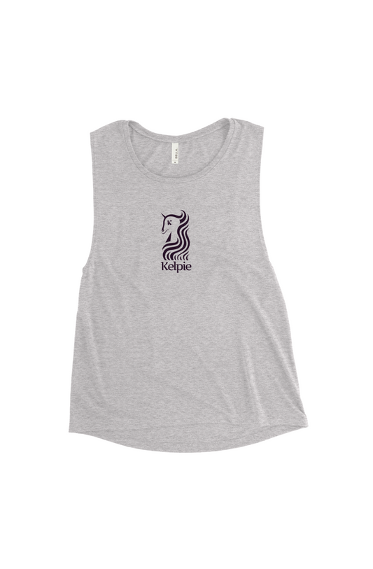 Women's muscle tank top in heather grey with a purple Kelpie logo.