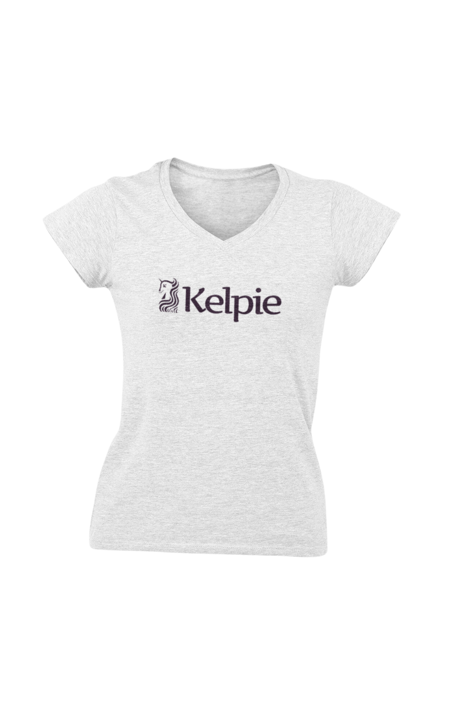 Women's V-neck Paddle Board Tee Shirt with a purple Kelpie logo.