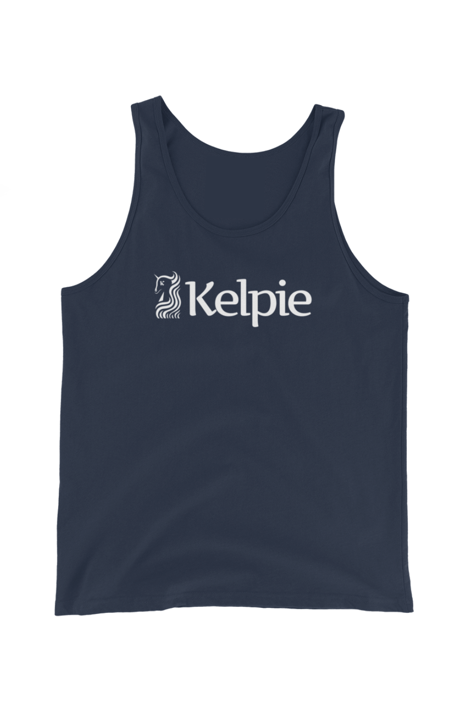 Paddle Board Tank Top, navy blue colored with a white Kelpie Logo.