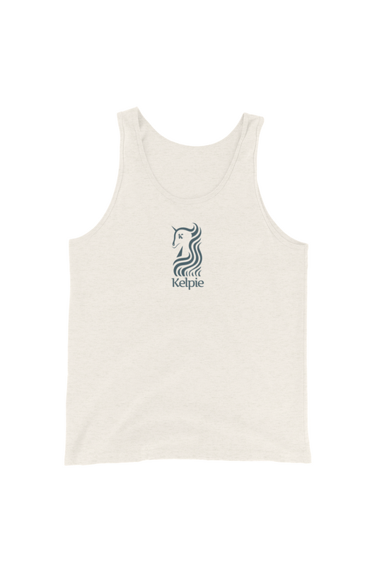 Kelpie Paddle Board Tank Top in an Oatmeal Triblend with a Blue Vertical Logo