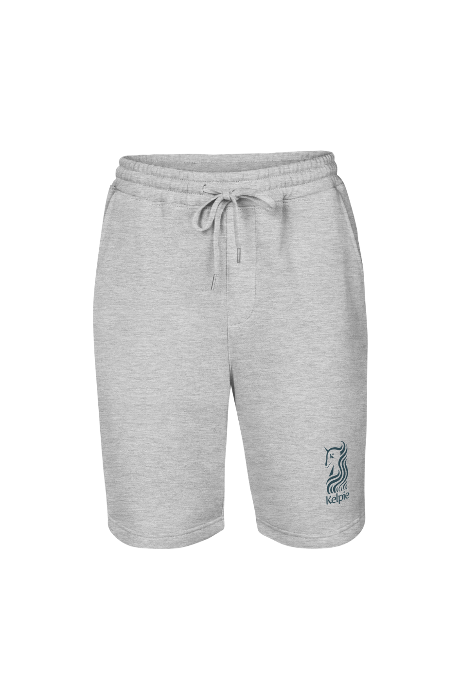 Grey mens beach shorts with a blue Kelpie logo.