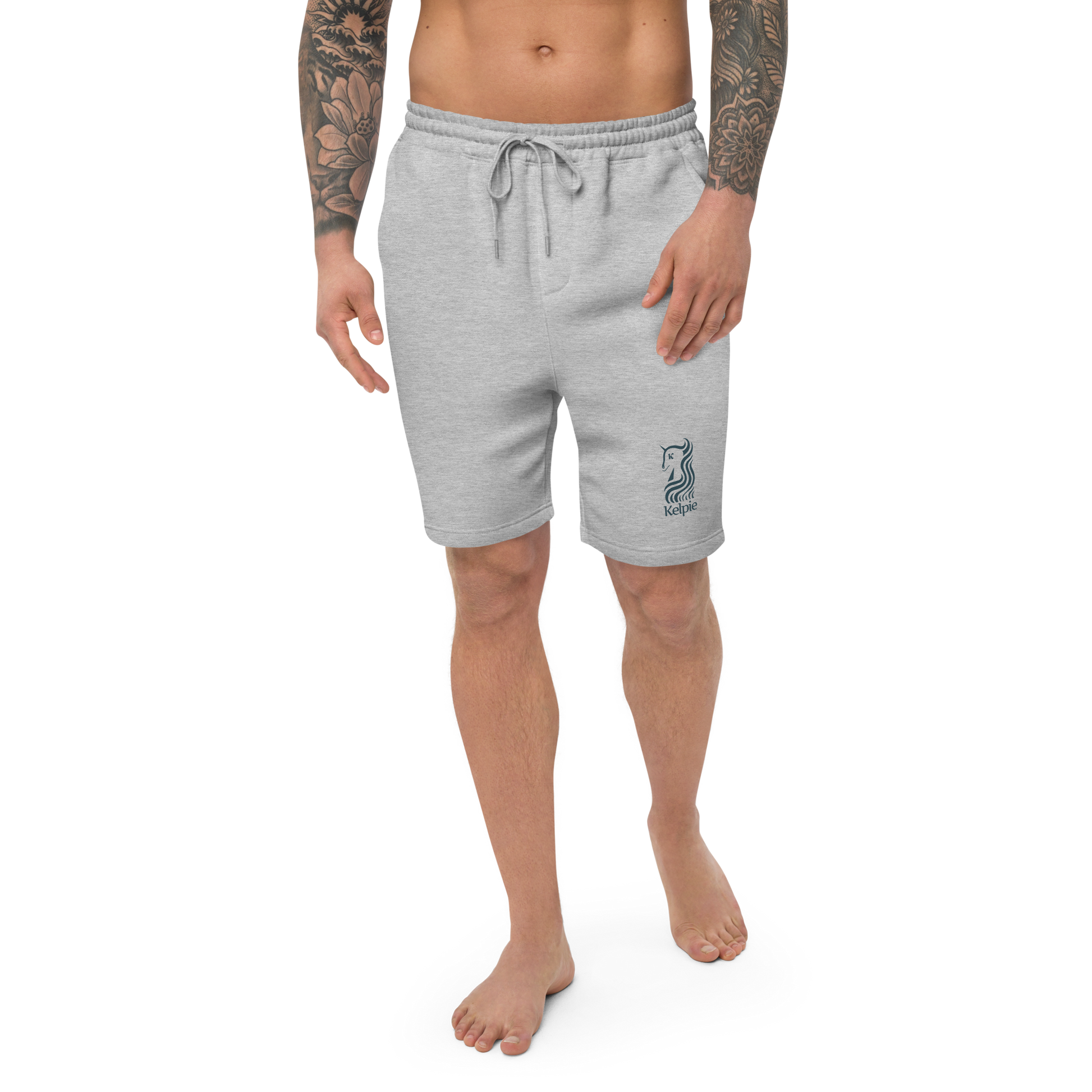 Grey mens beach shorts with a blue Kelpie logo.